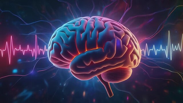 A radiant human brain glows with vibrant energy waves and EEG signals, symbolizing neuroscience, cognition, and futuristic thought.