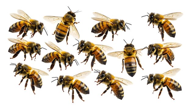 A group of flying bees on a white background