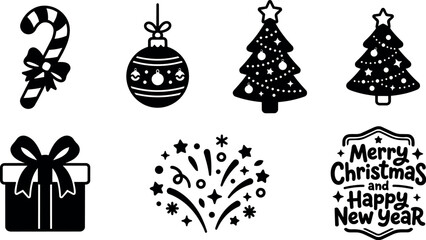 Fototapeta premium Black and white christmas candy cane ornament trees gift firework and greeting phrase vector art