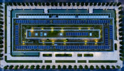 Obraz premium Modern Green Roof with Extensive Solar Panel Array, Viewed From Above, Showcasing Sustainable Urban Architecture