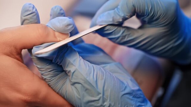 Close-up of a gloved nail technician shaping a client&rsquo;s natural nail with a hand file during professional manicure preparation at a salon workstation.