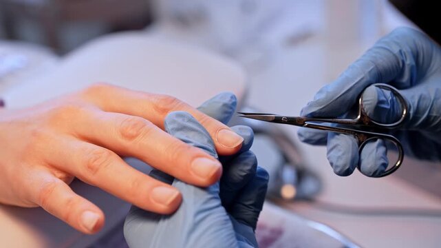 Wide salon close-up of a nail technician trimming the cuticle edge with fine scissors during dry manicure prep, highlighting precision hygiene and careful professional nail care.