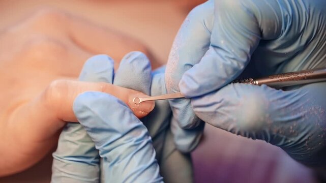 Close-up of a gloved nail technician using a rounded cuticle pusher to lift and clear the nail fold during careful professional manicure preparation.