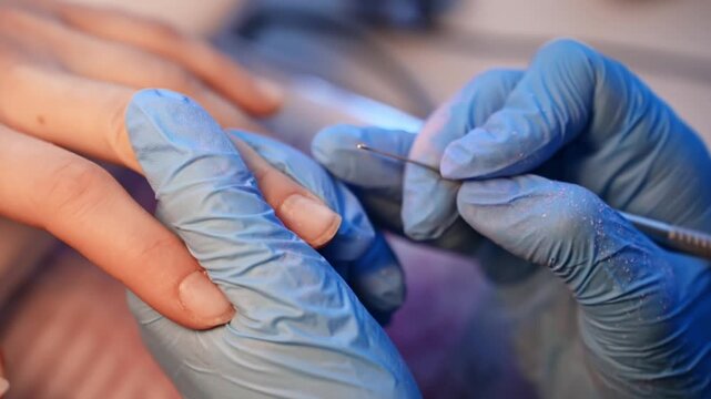 Close-up of a gloved nail technician using a fine metal manicure tool to clean and refine the cuticle area on a natural fingernail during salon nail prep.