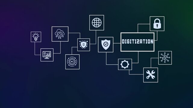 Advanced digitization strategy concept showing the transition of manual processes to digital systems through cloud computing and AI networks.