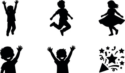 Fototapeta premium Black and white silhouette children jumping waving and dancing with party confetti vector art