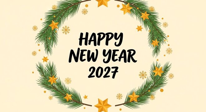 Happy New Year 2027 Greeting with Pine Wreath and Golden Stars
