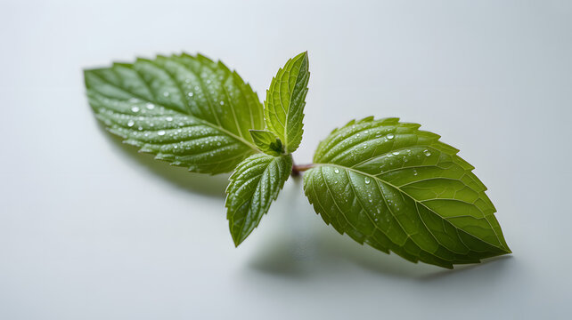 Fresh mint leaves with dew drops on a clean white background showcasing natural herbal beauty