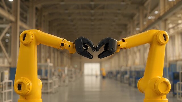 Advanced industrial automation robots collaborating on production line in modern smart factory