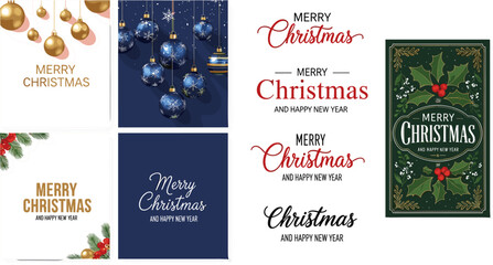 Merry Christmas and Happy New Year Greeting Card Set with Blue Baubles Gold Ornaments Holly and Elegant Typography Design © MDShakhawat