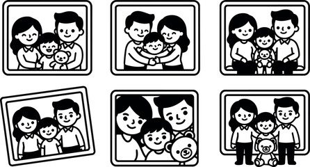 Obraz premium Family portraits with parents children and teddy bear in frames