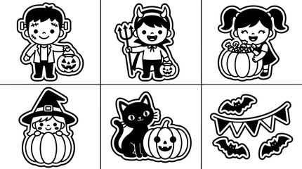 Fototapeta premium Black and white halloween kids costume characters with pumpkins and bats vector art