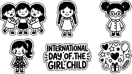 Fototapeta premium Black and white vector art international day of the girl child with girls holding hands and individual girls
