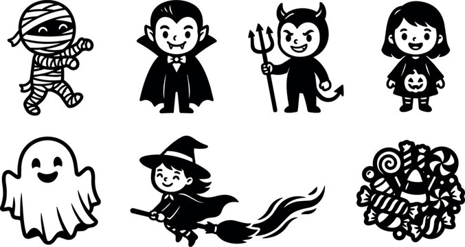 Black and white cute halloween characters ghost witch vampire devil mummy candy bundle vector art