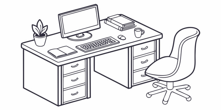 Modern office desk with computer monitor and swivel chair line art illustration computer workplace workspace furniture keyboard business interior illustration professional
