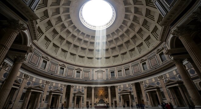 Majestic ancient Roman dome interior bathed in dramatic natural light from a central oculus, highlighting intricate coffered ceilings and grand historical architecture