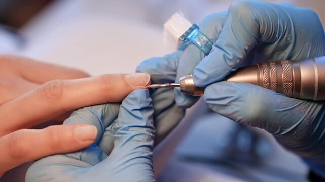 Close-up of a gloved nail technician shaping a natural fingernail with an electric bit and dust brush during precise professional manicure preparation.