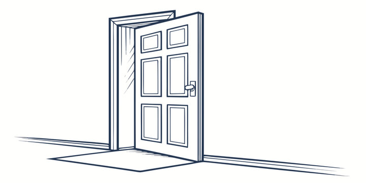 Simple line art illustration of an open classic paneled interior door with illustration entrance architecture interior perspective minimalist threshold background building