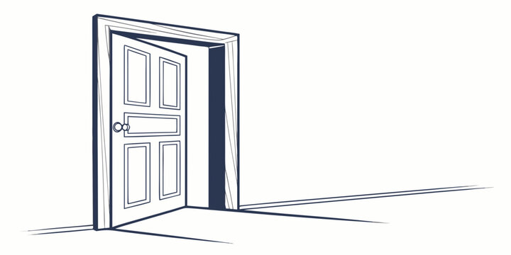 Line art sketch of an open wooden door against a blank white wall with illustration entrance entryway architecture interior perspective minimalist threshold background