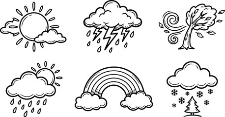 Naklejka premium Black and white weather icons sun cloud lightning rain rainbow snow
