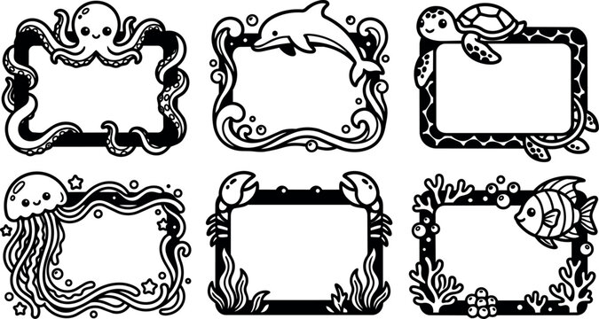 Black and white marine animal frames with octopus dolphin turtle jellyfish crab and fish vector art