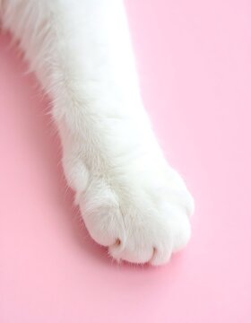 A close-up of a white cat's paw on a pink background