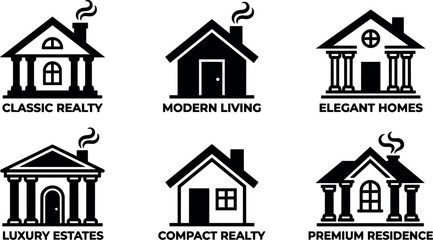 Naklejka premium Black and white classic and modern realty houses vector icons with text labels