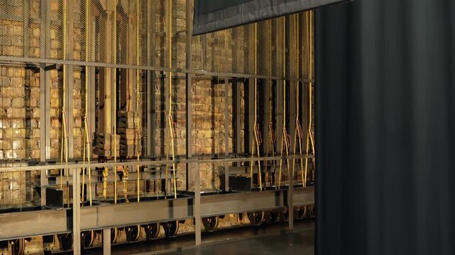 Backstage theater curtain beside fly-system ropes, mesh guards, and counterweight rigging, revealing hidden stage mechanics in warm industrial light.