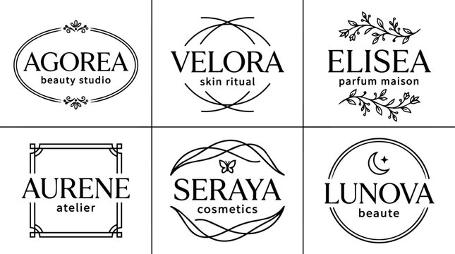 Black and white elegant cosmetic and beauty studio logos with ornamental frame and floral details