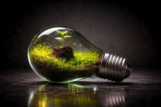 Konsep energi hijau dengan tanaman kecil tumbuh di dalam bohlam kaca yang menyala