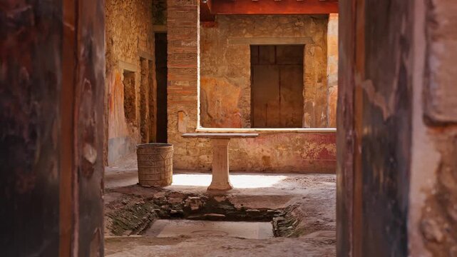 Indoor view of an ancient Pompeii room with weathered walls, a stone table, and excavated floor details preserved inside a Roman house.