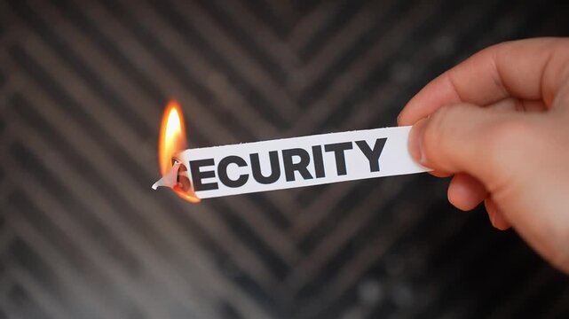 Burning &ldquo;SECURITY&rdquo; concept symbolizing uncertainty, vulnerability, loss of protection, instability, and fear of financial, personal, or digital risk.