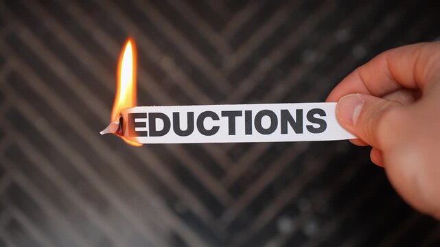 Burning &ldquo;DEDUCTIONS&rdquo; concept symbolizing higher take-home pay, fewer payroll cuts, tax relief, and freedom from income reductions, withheld money, and financial drain.
