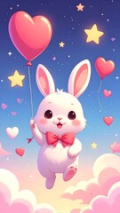 Obraz premium A cute cartoon bunny floats amidst heart-shaped balloons and clouds