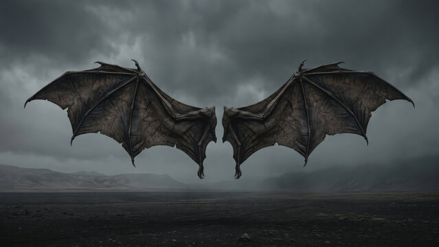 Large, leathery bat wings spread open, floating against a dark, moody landscape with stormy clouds. Graphic resource or photography backdrop.