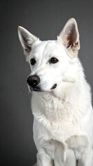 Obraz premium A white dog with pointed ears looks left against a dark background