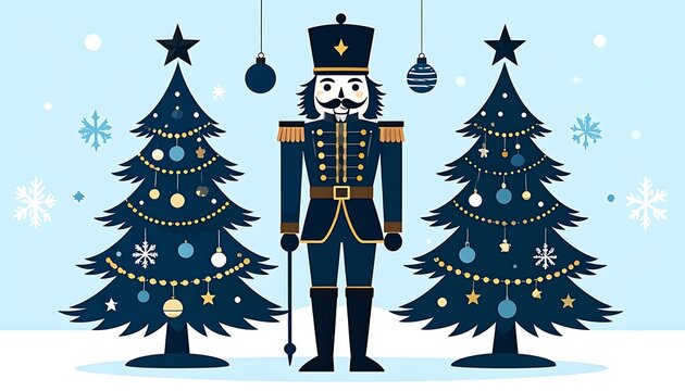 A cartoon nutcracker soldier standing between two decorated Christmas trees