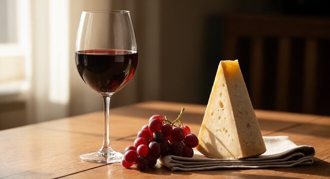 Wine glass with cheese and grapes on wooden table