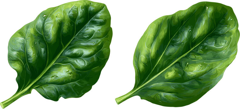 2 fresh green spinach leaves on a white background