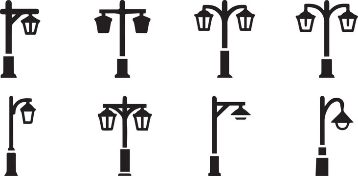 Street Light Lamp Post Icon Set Black Silhouette Urban Lighting Symbols Collection City Road Outdoor Vector Illustration Isolated on White