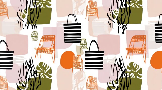 Whimsical repeat pattern featuring illustrated objects and shapes in a colorful, modern style