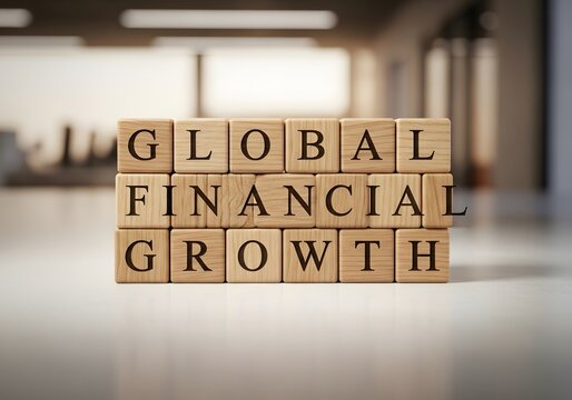 Conceptual representation of worldwide financial expansion and economic progress, illustrated with wooden blocks spelling out key terms for prosperity and market success