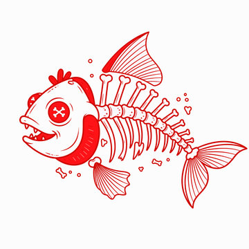 A playful fusion of macabre and cartoon, this skeletal piranha pops with bold red linework, featuring a quirky stitched button eye and jagged teeth for a creepy-cute aesthetic.