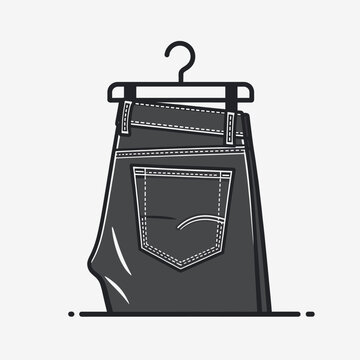 Sleek and modern, this vector illustration showcases a pair of dark denim jeans hanging neatly, emphasizing clean lines, crisp white topstitching, and a minimalist back pocket design.