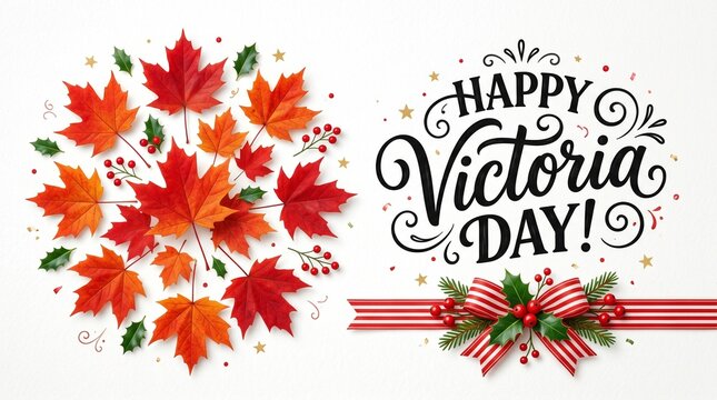 Happy Victoria Day Celebration Background with Realistic Red Autumn Maple Leaves, Festive Holiday Typography, and Decorative Floral Elements Vector