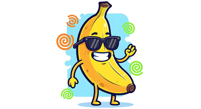 A cheerful cartoon banana wearing sunglasses dances on a pastel-colored background with swirls.