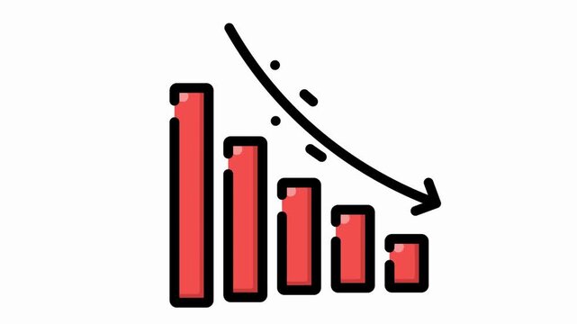 Red declining bar chart with downward arrow animation