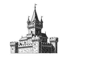 Fototapeta premium A magnificent and intricately detailed medieval castle with towers and battlements, rendered in a classic engraving style on a white background.