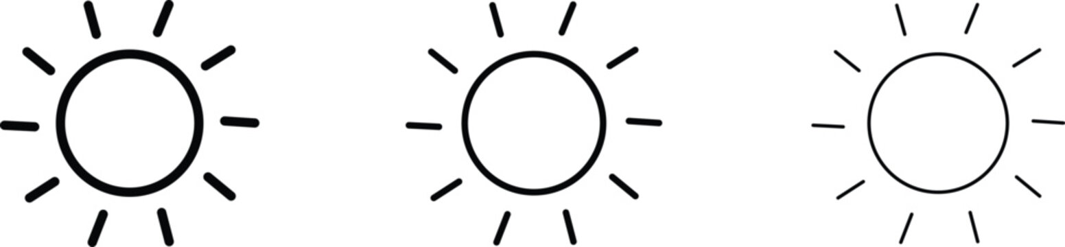 Minimalist sun icon set with varying line weights, black outline sunshine symbols, simple weather vector graphics for web and app interface design
