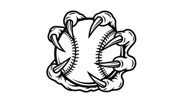 A fearsome, monster-like claw with sharp talons aggressively grips a baseball, depicted in a striking black and white comic style.